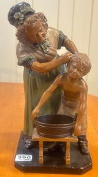 Antique Yellowware Cold Painted Statue Of Woman And Boy , 6' Sq X  12'H