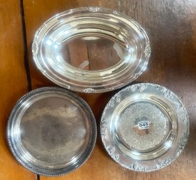 3 Silver Plate Serving Trays 2 Round One With Raised Grape Boarders, Oval 16' X 9.75'