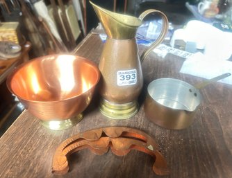 5 Pcs Copper & Brass, Small Tin Lined Sauce Pan, 3.25' Diam. X 6' X 2.25'H & Cream Pitcher, 6.75'H And Others