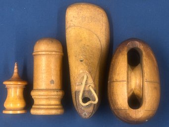 4 Pcs Antique Treenware Lot - 2 Needle Holders, Pully And Child's Shoe Mold, 6' X 2.25' X 2.5'H