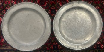 2 Pcs 12-1/8' Diam. Pewter Charger Or Platter, One With Faint Hallmarks