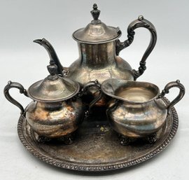 4-Pcs Vintage Silver Plate Pool Old English Coffee Pot, Creamer & Covered Sugar Bowl And Tray