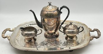 4 Pcs Silver Plate, Footed And Handled Serving Tray, 22.5' X 13.75, Coffee Pot, Creamer & Covered Sugar Bowl