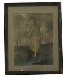 Antique Hand Colored Pen & Ink Drawing Of Italian Peasant Girl With Flower Basket, 9' X 11.25'H, Unsigned