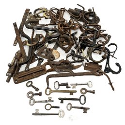 Miscellaneous Lot Of Antique Keys And Rusty Architectural Salvage Hardware