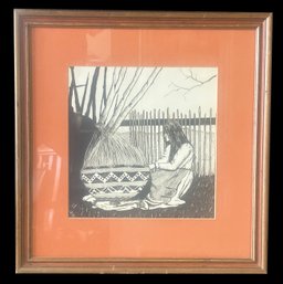 1975 Debra Landry Limited Edition 1/5 Native American Woman Weaving Baset, Framed & Matted, 17-3/8' X 17-34''