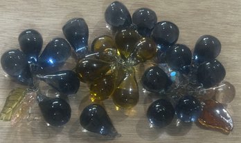 Hand Blown Glass Grapes, Wired Some With Leaves, Amber, Blue-Gray, Pink, Each Grape Approx. 1.75'L