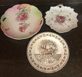 3 Pcs 2-Floral Serving Plates & Brown Transfer, Largest 9-3/8' Diam.