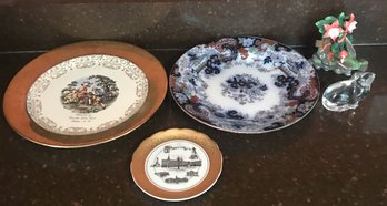 5 Pcs, 2- Gold Rim Plates, 1- Antique Corey Hill Plate, Humming Bird Statue & Glass Cat