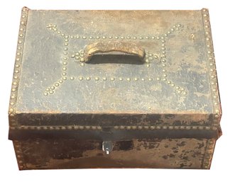 Antique Leather Document Box With Nail Head Design, Leather Hinges, Handle & Latch Intact,15.5' X 11.5' X 9'H