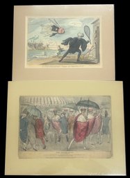 2 Pcs Antique English Political Hand Colored Etching King George Caricature. Matted, Largest 20' 15.75'H