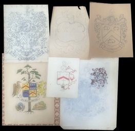 Collection Of Heraldry And Coat Of Arms Hand Drawings In Progress And Paper Form Cut Outs, Largest 12.5' X 19'