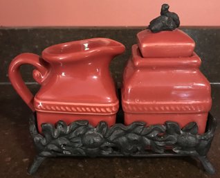 Bellavera Pair Red Ceramic Cream & Sugar Set On Metal Stand, Acorn Finial