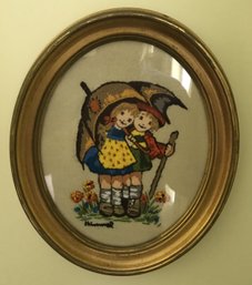 Vintage Oval Framed Hummel Crewel Stiched Picture, 10' X 12'H