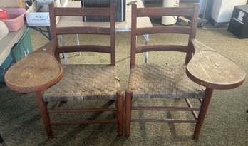 Antique Pair Primitive Writing Desk, Right Handed & Left Handed, Original Red Paint, Woven Seats