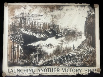1918 HUGE WWI Post - Launching Another Victory Ship USS Lady Janet, 57.5' X 43'H, Large Format Black-N-Brown