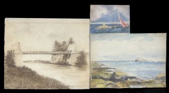 3 Pcs Original Watercolor Drawings Attributed To Martin Frost, Sepia Bridge, 16' X 13.5'H