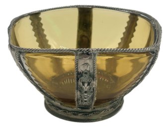 Victorian Style VERCO France Amber Glass Bowl Wrapped In Twisted Silver Plate Wire, 4' Sq X 2.5'H