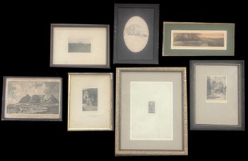 7 Pcs Nicely Framed Artwork, Etchings Some Hand Colored, Fred Thompson Original Colored Matted Drawing.