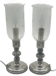 Pair Electrified Silver Plated Hurricane Lamps With Clear Etched Shades, 5' Diam. X 15'H