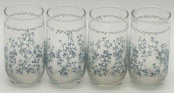 4 Pcs Vintage Milk Glasses With Blue And Tan Floral Design, 2.5' Diam. X 5'H
