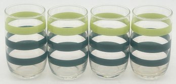 4 Pcs Vintage Juice Glasses With 2-Tone Green Circular Design, 2.5' Diam. X 4.25'H