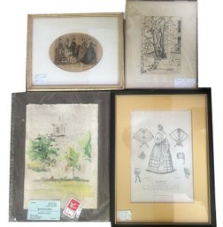 4 Pcs Antique Fashion Prints And Elizabeth Acton Watercolor