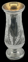 Vintage Mercury Glass Footed Vase With Etched Design & Vermeil Gold Washed Interior, 12.25'H
