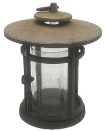 Vintage Heavy Cast Iron Hanging Candle Holder With Glass Insert Wind Protector, 11' Diam. X 16'H