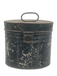 Antique Oval Black Painted Tin Container With Hinged Lid & Handle, 11.5' X 9' X 12'H