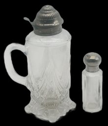 Antique Pressed Glass 8'H Syrup Pitcher And Dresser Bottle, Both With Silver Plate Lids