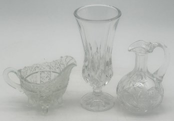 3 Pcs Vintage Lead Crystal, Creamer, Cruet (No Stopper) And Vase, 7.5'H