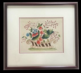 Vintage Framed & Double Matted Print On Fabric Of Strawberry Plant In Basket, 14.75' X 13.5'H
