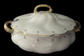 Antique Johnson Bros. England Soup Tureen, Scalloped With Gold Design, Rim And Handles, 10' Diam. X 12' X 6'H