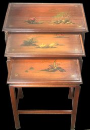Vintage 3-Tier Stacking Mahagany Chinoiserie Decorated Side Tables With Glass Tops, 24' X 16' X 23'H
