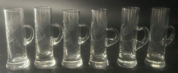 6 Pcs Vintage Etched Crystal Liqueur Glasses With Applied Handles, 4'H