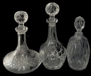 3 Pcs Lead Crystal Decanters With Stoppers, Ship's Decanter Marked Waterford, Tallest 12.5'