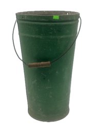 Nice Original Green Painted Tall Galvanized Bucket With Bale And Wood Handle, 10.25' Diam. X 19'H To Rim