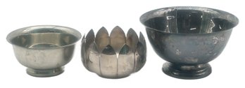 3 Pcs 2-Reprod Revere Bowls, Silver Plate, 7' Diam. & Pewter 5.5' Diam. & Petal Candle Holder, 5' Diam.