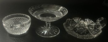 3 Pcs Vintage Cut Lead Crystal Nut & Candy Dishes, Footed 5.75' Diam. X 3.75'H