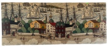 Large Stretched Fabric Scene Of Harbor Town And Ships Stretched On Stretchers, 47.25' X 19'H