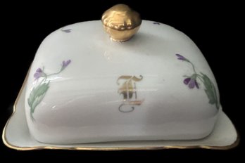 Vintage Hand Painted Gold Rimmed Rectangular Covered Butter Dish, 6.5' X 5.25' X 3.75'H