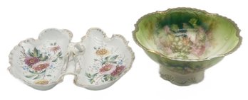 2 Pcs Porcelain Serving Dishes, Silesia Footed Centerpiece Bowl, 10' Diam X 5'H& Divided Vegetable