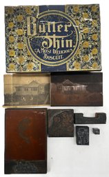 7 Pcs Vintage Butter Thin Biscuit Tin, 8-1/8' X 5-3/4' X 2-78H, With 6 Copper Etched Printing Blocks