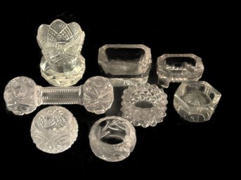8 Pcs Antique Pressed Glass, 5 Individual Salts, Toothpick Holder & Knife Rest