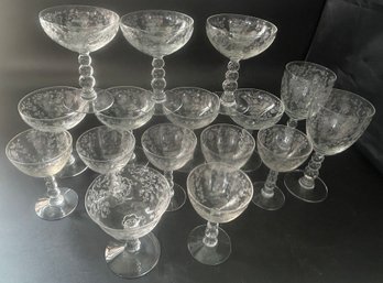 16 Pcs Vintage Etched Stemmed Crystal Glassware, Various Types And Sizes, Tallest 6.75'H