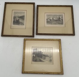 3 Antique Nicely Framed Etchings By Robert C. Collins, 2-11-3/8' X 9-5/8'