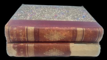 2 Vol Antique Leather Bound Poetical Books By Lord Tennyson & John Milton, With Marbled Paper, 5.25' X 7.5'