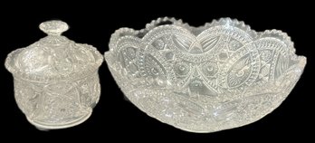 2 Pcs Cut Crystal Scalloped Sawtooth Edged Bowl, 10' Diam. & Cover Container