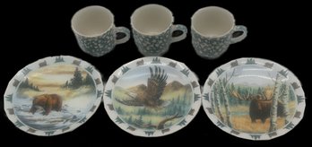 6 Pcs 3-8' Decorator Plates And 3 Green & White Spongeware Mugs